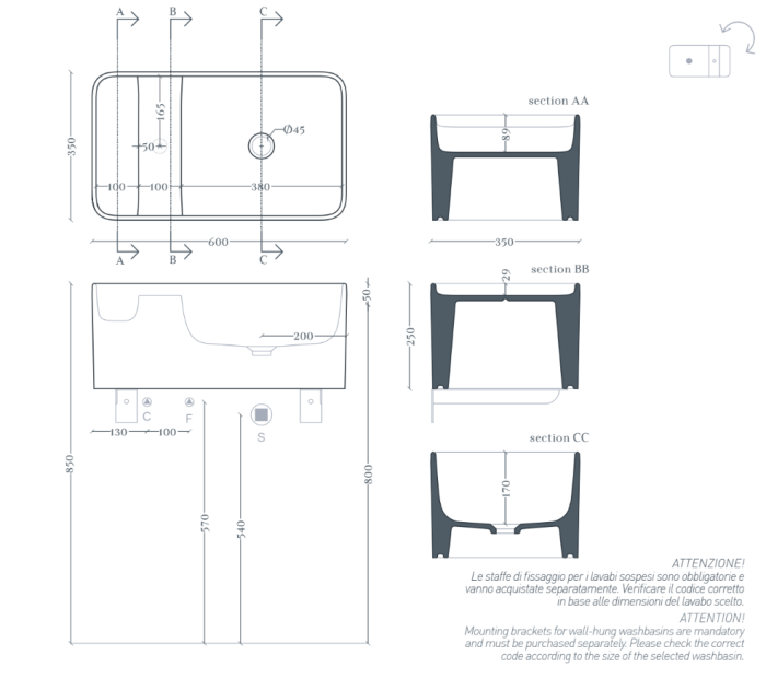 Раковина накладная, 60x35хh25 см, Artceram Brooklyn, белый/покрытие Saniglaze арт. BNL004 01 34