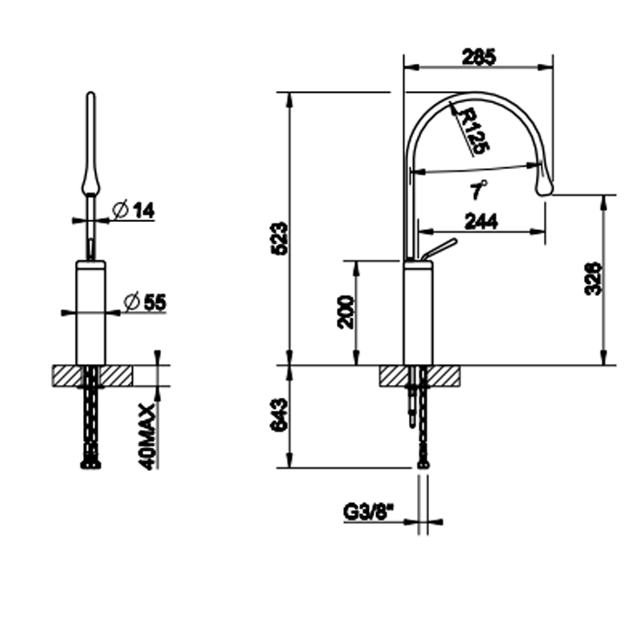 Gessi Смеситель для раковины на 1 отверстие, высокий, излив 244мм R=125, с фиксированным носиком, Goccia, 33810#031 цвет: хром