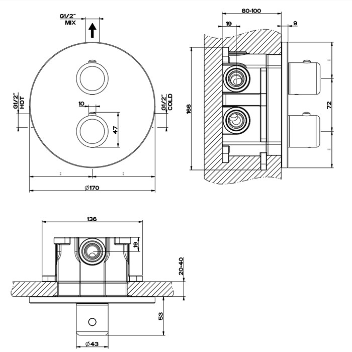 Gessi Внешняя часть встраиваемого термостатического смесителя, подключение на 3/4”, Goccia, 33842#147 цвет: шлифованный хром