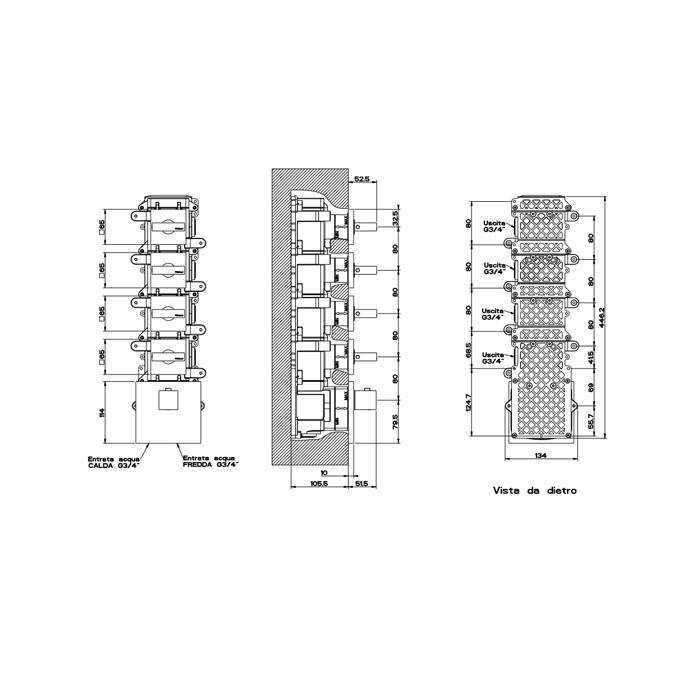 Gessi Смеситель для душа, встраиваемый, термостатический, подключение на 3/4”, с 4мя независимыми выходами, Rettangolo, 43218#299 цвет: black xl