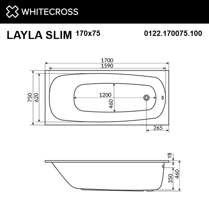 Встраиваемая Ванна slim 170x75 акрил, Whitecross Layla, арт. 0122.170075.100