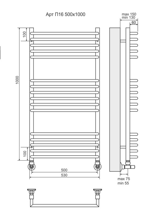 Terminus водяной полотенцесушитель арт п16 500х1000, люкс арт. 4670078513380