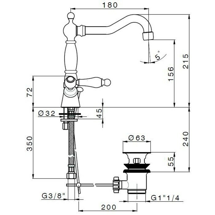 Cisal смеситель двухвентильный для раковины на 1 отв. с донным клапаном ts00052121 arcana toscana, цвет: хром