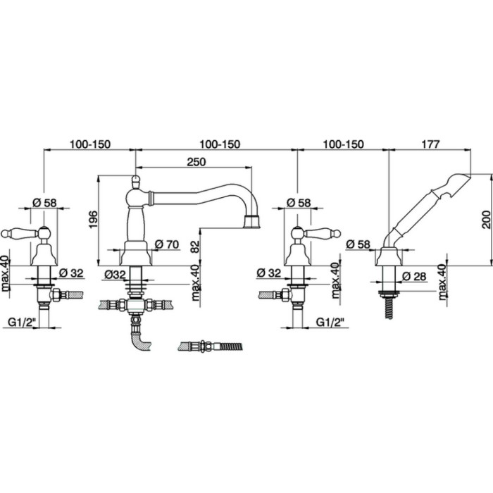 Cisal смеситель на борт ванны на 4 отверстия,излив 250 мм ts00026421 arcana toscana, цвет: хром