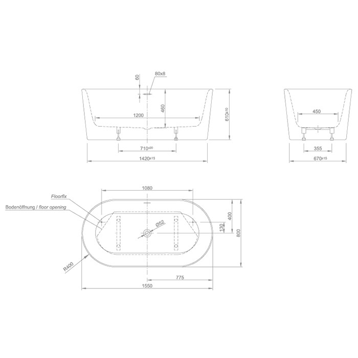 Knief ванна отдельностоящая 155х80х60см.,слив щелевой, без слив-перелива, Fresh XS, 0100-234 цвет: белый