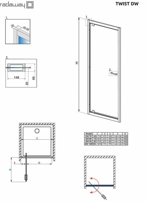 Radaway душевая дверь dw 100 профиль хром стекло прозрачное, Twist - 382003-01