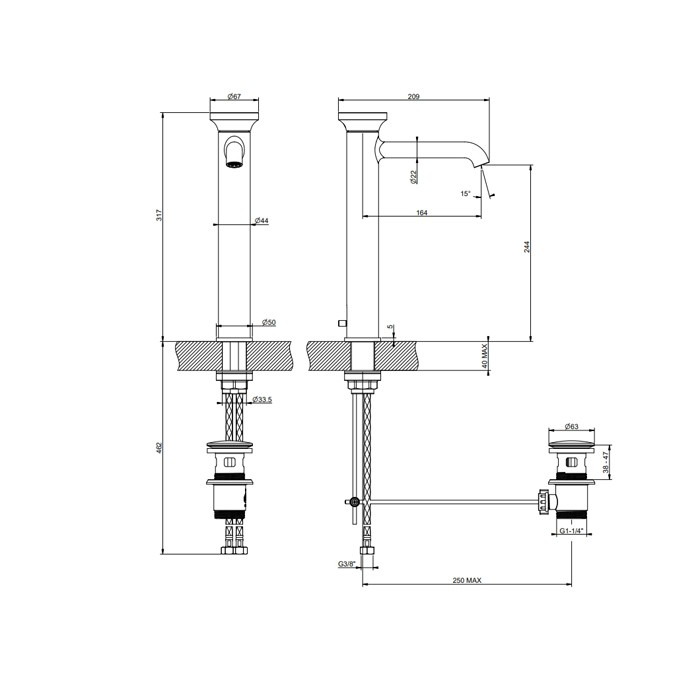 Gessi Смеситель для раковины высокий с донным клапаном, Origini, 66003#149 цвет: finox brushed nickel