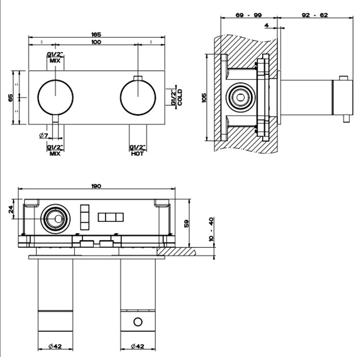 Gessi Термостатический смеситель, с подключением на 3/4”, фильтр, на 2 источника, 316, 54034#707 цвет: brushed black metal pvd
