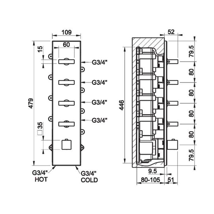 Gessi Смеситель для душа, встраиваемый, термостатический, подключение на 3/4”, с 4мя независимыми выходами, Rettangolo, 43028#299 цвет: black xl