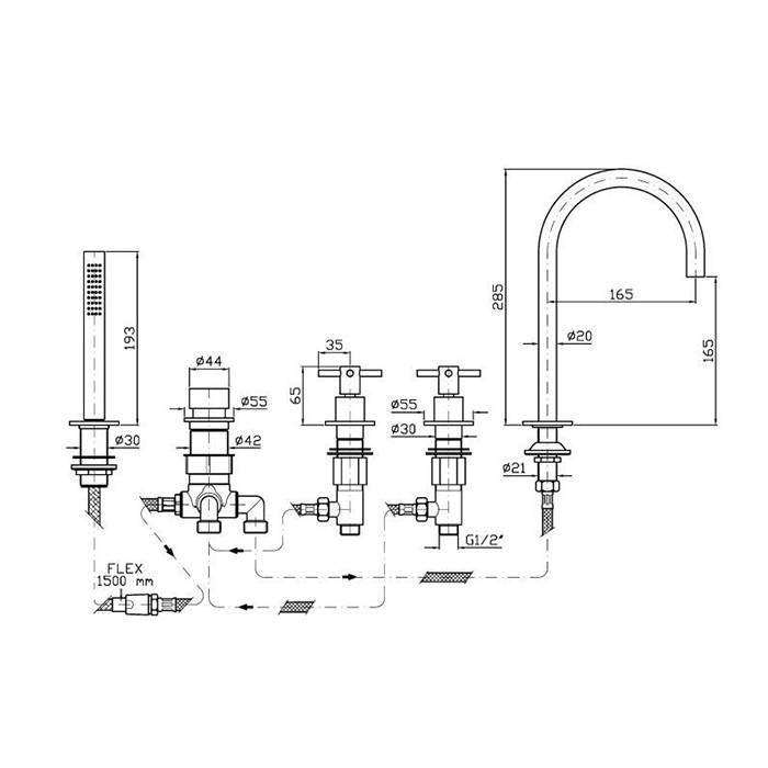 Zucchetti смеситель на борт ванны, на 5 отв., с ручным душем, helm, brushed total black pvd арт. zhm511.xp81