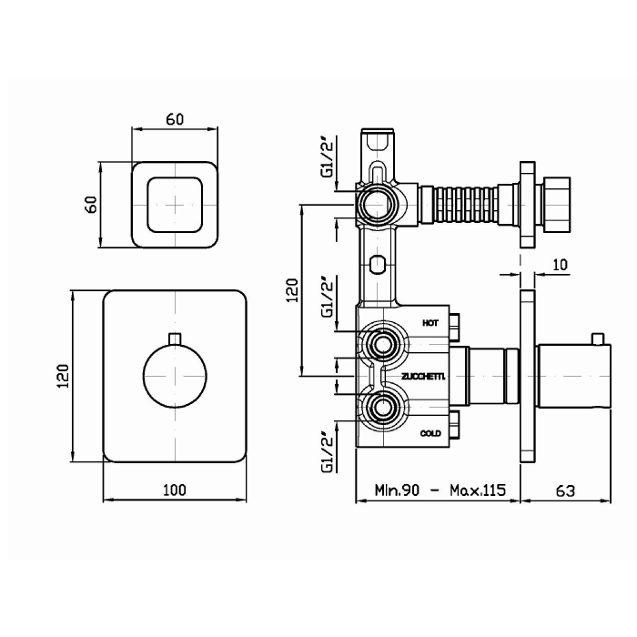 Zucchetti встроенный термостатический смеситель для душа, 1/2”, с запорным клапаном, soft, хром арт. zp7659 r97820