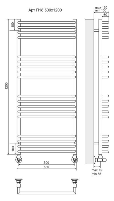 Terminus водяной полотенцесушитель арт п18 500х1200, люкс арт. 4670078513397