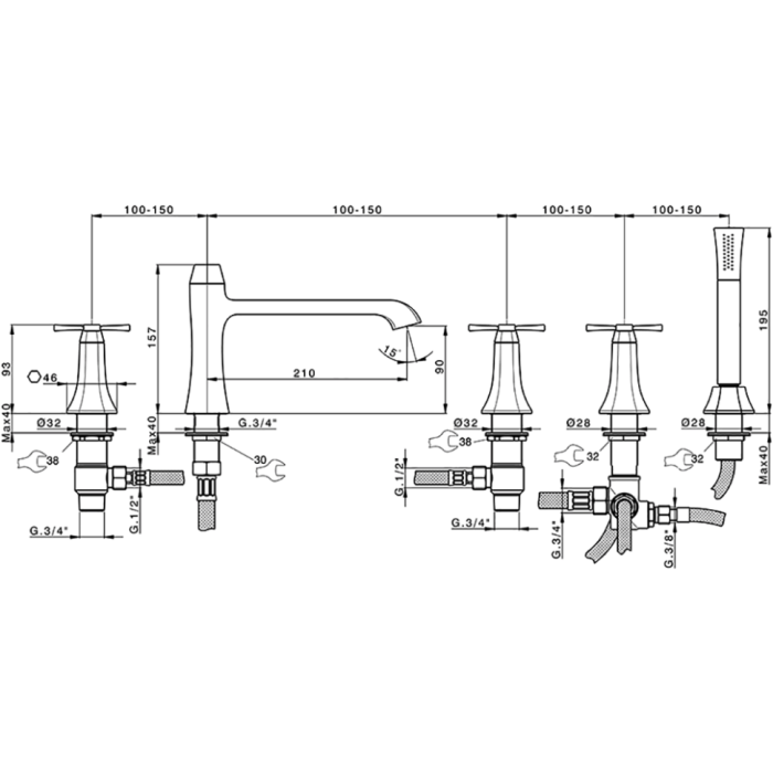 Cisal смеситель на борт ванны на 5 отв., излив 210 мм cx0002606t cherie, цвет: хром