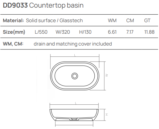 Накладная раковина 550х320хh130 мм, DEA Washbasins, белый арт. DD9033 550 18