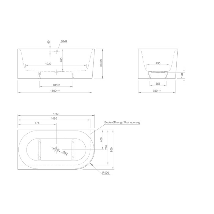 Knief ванна в левый угол 155х80х60см.,слив щелевой, без слив-перелива, Fresh XS, 0100-236-06 цвет: белый