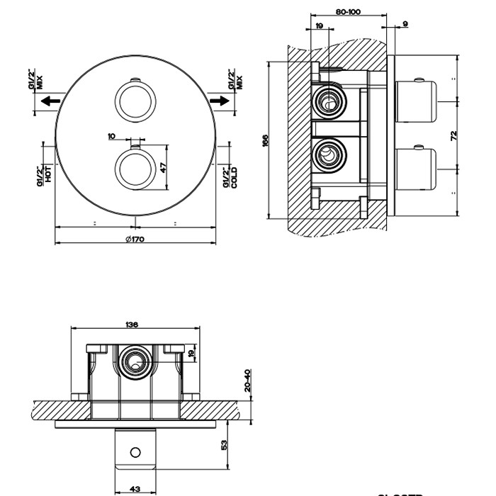 Gessi Встраиваемый термостат, подключение на 3/4”, с переключателем на 2 выхода, Goccia, 33844#279 цвет: белый