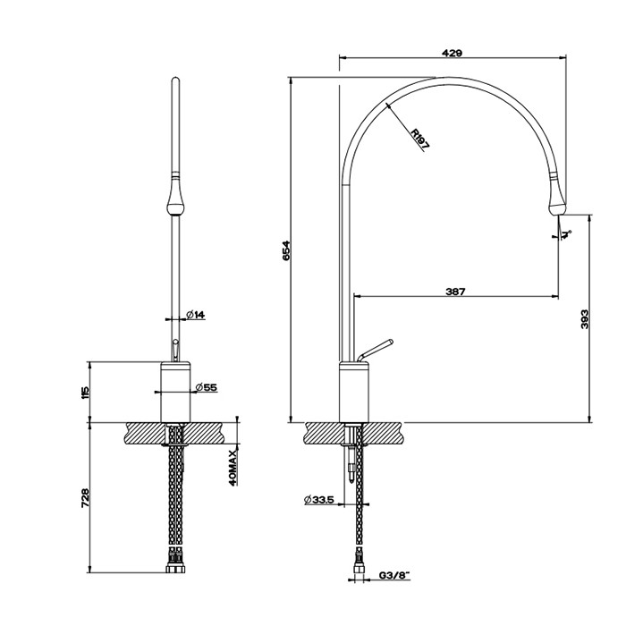 Gessi Смеситель для раковины, на 1 отверстие, излив 38.7см., с фиксированным носиком, Goccia, 33808#124 цвет: black metal ghrc