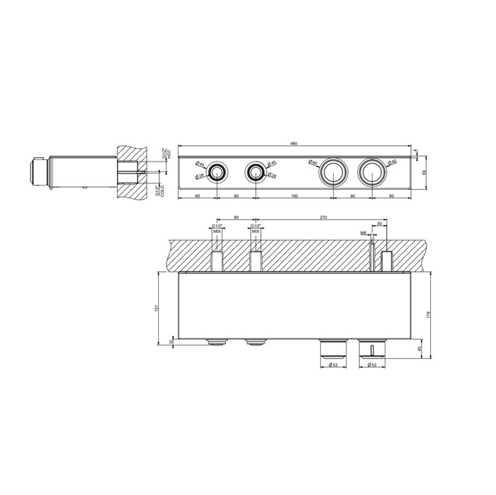 Gessi Смеситель для душа настенный встраиваемый, термостатический, с полкой, с 2 запорными кнопками, Hi Fi Eclectic, 65252#299 цвет: черный матовый