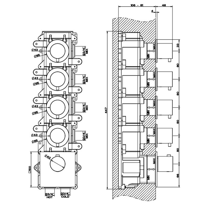Gessi Встраиваемый термостатический смеситель на 4 источника, резьба 3/4", 316, 54508#707 цвет: brushed black metal pvd