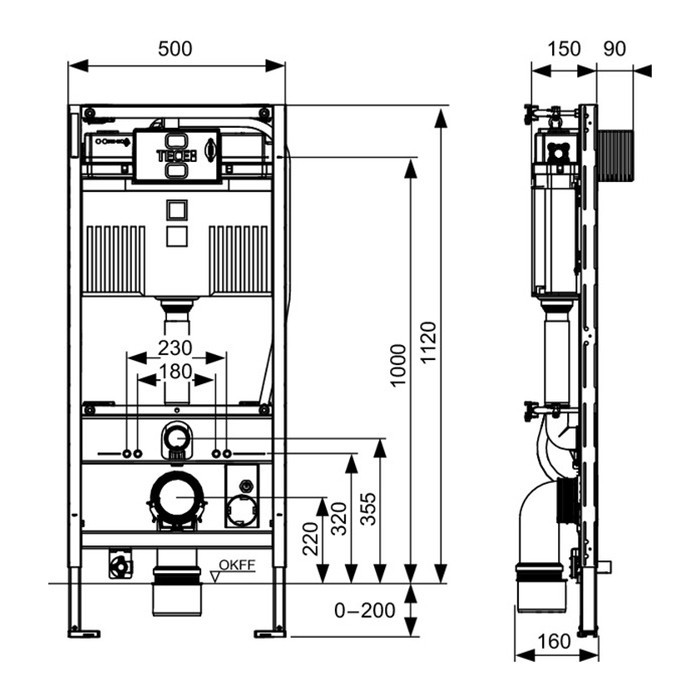 TECE рама для установки подв. унитаза toto neorest, высота h1120мм, с креплением к стене, - 9300344