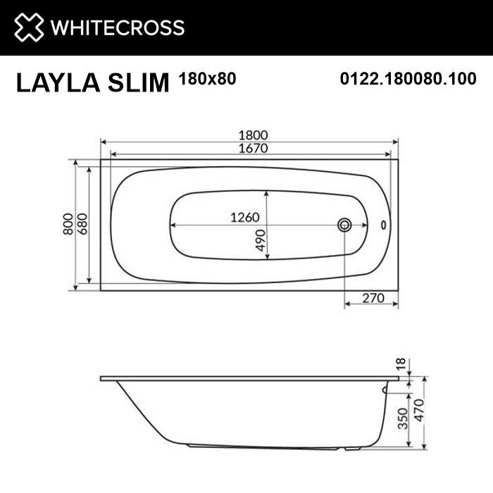 Встраиваемая ванна slim 180x80 line, Whitecross Layla, хром арт. 0122.180080.100.LINE.CR