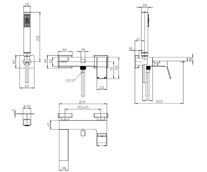 Bossini настенный смеситель для ванны cо шлангом, держателем и лейкой, aki, черный арт. z00726.073