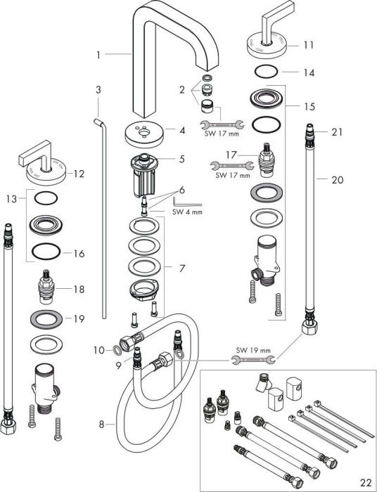 AXOR смеситель для раковины, на 3 отверстия 170, с рычаговыми рукоятками со сливным гарнитуром, Citterio, никель арт. 39135820