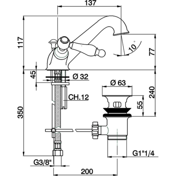 Cisal смеситель двухвентильный для раковины на 1 отверстие с донным клапаном ts00051021 arcana toscana, цвет: хром