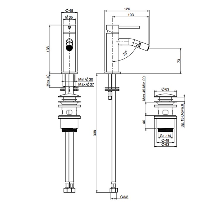 Fima Carlo Frattini смеситель для биде, на 1 отверстие, с донным клапаном click-clack, spillo steel, сталь арт. f3072inox