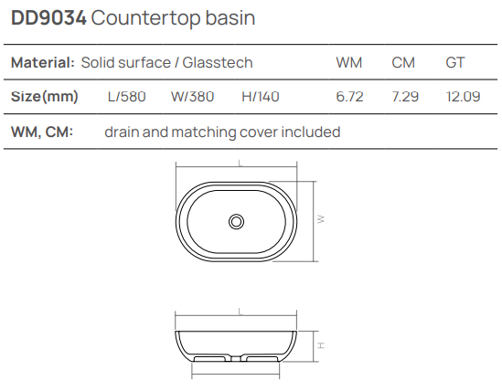Накладная раковина 580х380хh140 мм, DEA Countertop basin, белый арт. DD9034 580 18