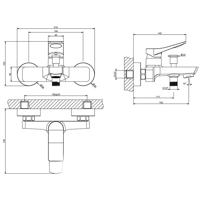 Gessi Смеситель для ванны настенный, излив 153мм, с автоматическим переключателем ванна-душ, Rilievo, 59013#299 цвет: nero xl