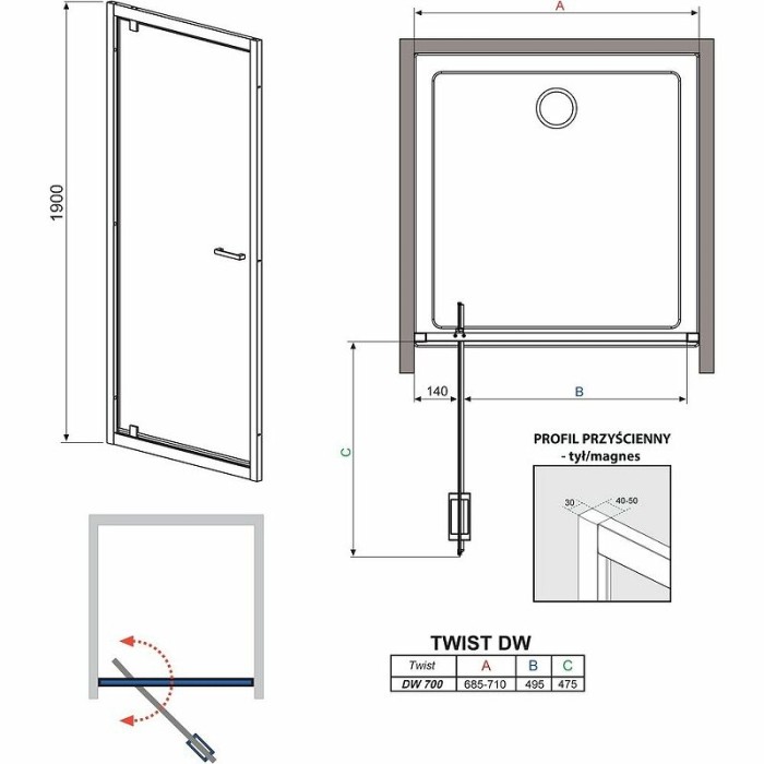 Radaway душевая дверь dw 70x190 профиль хром стекло прозрачное, Twist - 382000-01