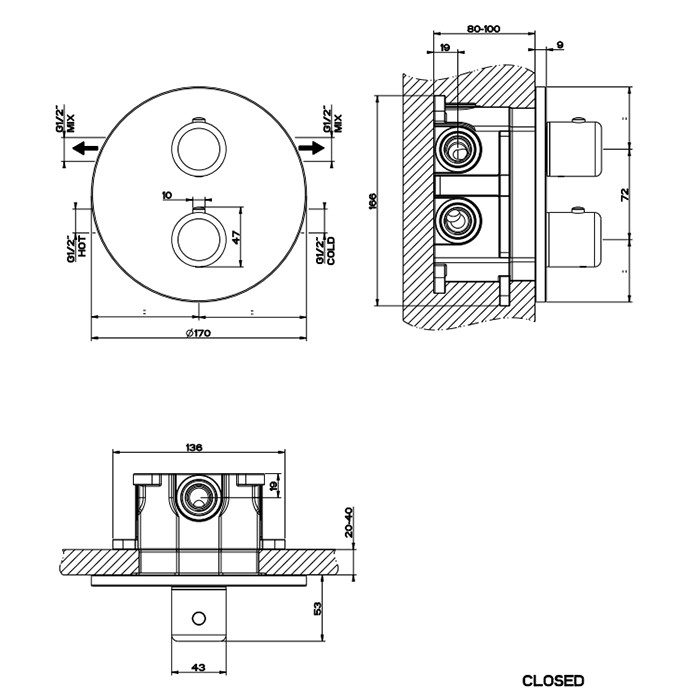 Gessi Встраиваемый термостат, подключение на 3/4”, с переключателем на 2 выхода, Goccia, 33844#299 цвет: черный