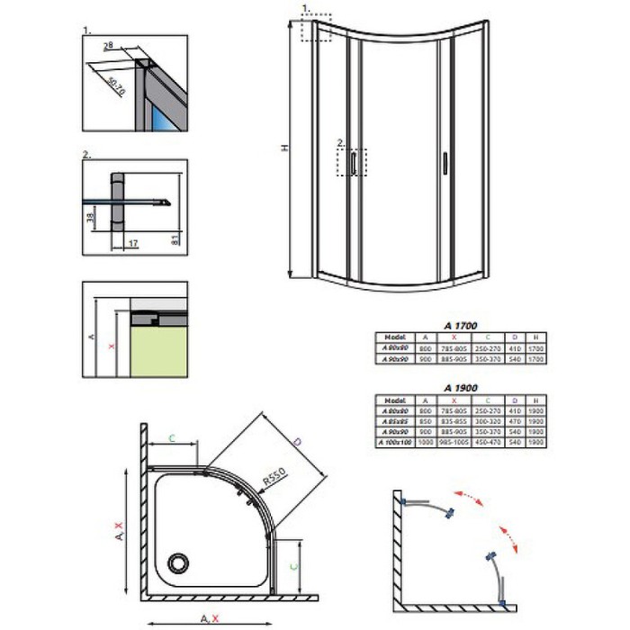 Radaway душевой уголок 1900 80x80 профиль хром стекло прозрачное, Premium Plus - 30413-01-01N
