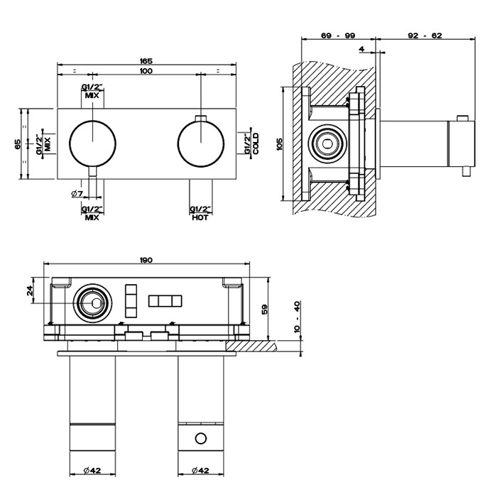 Gessi Термостатический смеситель, с подключением на 3/4”, фильтр, на 3 источника, 316, 54036#707 цвет: brushed black metal pvd