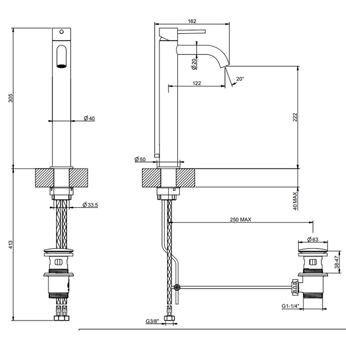 Gessi Смеситель для раковины на 1 отв., высокий h:305мм, с донным клапаном, излив: 123мм, 316, 54004#707 цвет: brushed black metal pvd