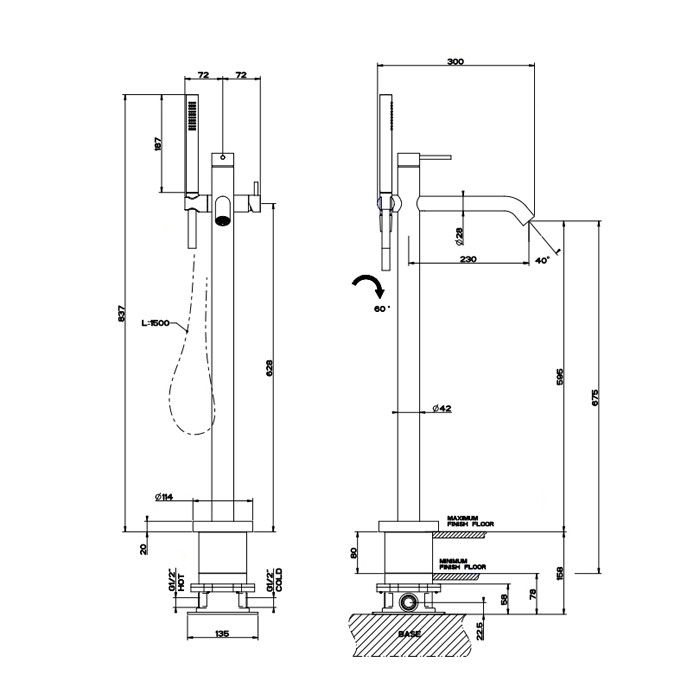 Gessi Напольный смеситель для ванны с душевой лейкой, Bath316, 54028#239 цвет: шлифованная сталь