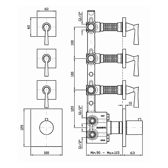 Zucchetti смеситель для душа, встраиваемый, термостатический, с 3 запорными клапанами, ручка: рычаг, bellagio, золото арт. zb2661.c40