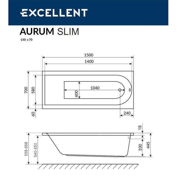 Встраиваемая ванна slim 150x70, Excellent Aurum, арт. WAEX.AUR15WHS