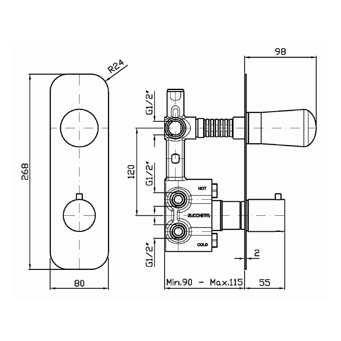 Zucchetti смеситель для душа, встраиваемый, термостатический, с запорным клапаном, nude, черный арт. znu659.c50