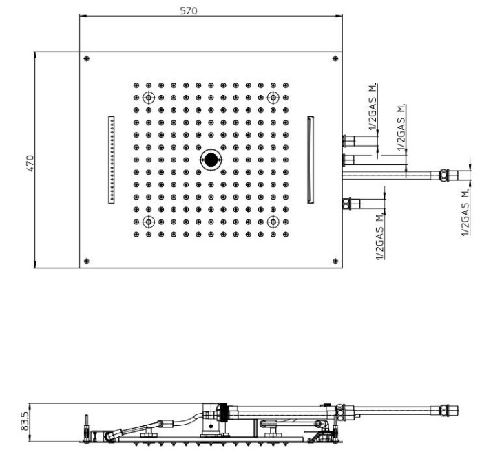 Bossini верхний душ с подсветкой для подвесного потолка dream/4 rgb lights 570 мм х 470 мм, с 4 режимами струи, dream, хром арт. h38908.030