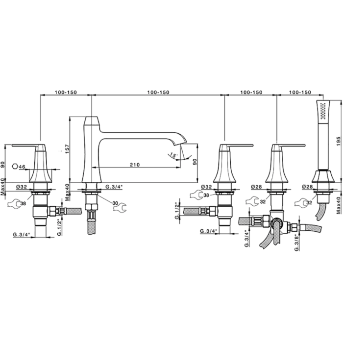 Cisal смеситель на борт ванны на 5 отверстий, излив 210 мм cf0002607c cherie, цвет: золото