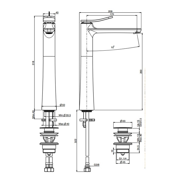 Fima Carlo Frattini смеситель на раковину, на 1 отв., высокий h31.8см., с донным клапаном, flo, хром арт. f3801/hcr.1