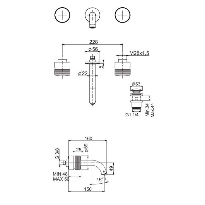 Fima Carlo Frattini смеситель для раковины на 3 отверстия, настенный монтаж, излив 150мм, texture collection, хром арт. f5601/5hcr