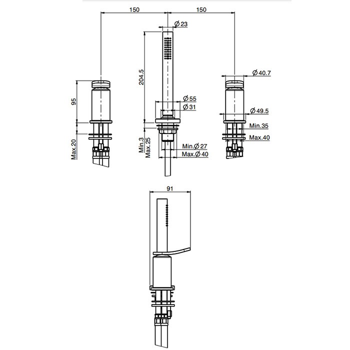 Fima Carlo Frattini смеситель на борт ванны, на 3 отв., с ручным душем, flo, золото арт. f3814/1nor