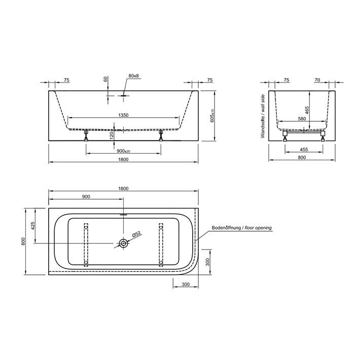 Knief ванна угловая 180x80x60см., Sx, щелевой перелив slot в комплекте, Pure Rigth, 0100-248-06S 0100-091-06 цвет: белый