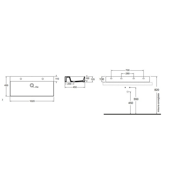 Azzurra раковина 102х45 см, 2 отв., Azzurra, ELLP102450QDBI цвет: белый