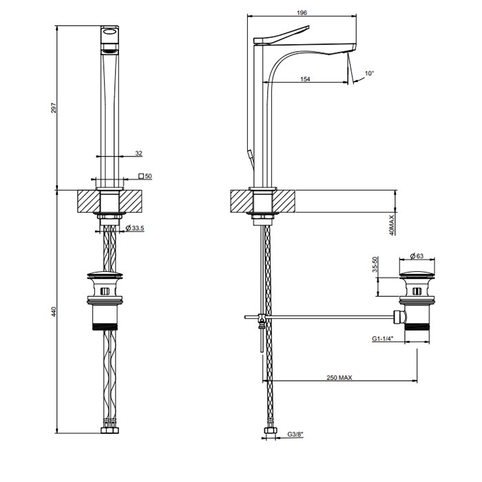 Gessi Смеситель для раковины на 1 отв. с донным клапаном h=297мм, излив 154мм, Rilievo, 59003#299 цвет: nero xl