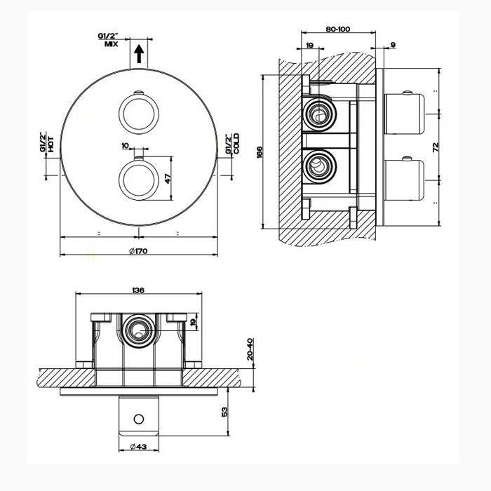 Gessi Встраиваемый термостатический смеситель, подключение на 3/4”, Goccia, 33842#299 цвет: черный
