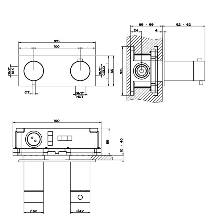 Gessi Термостатический смеситель, с подключением на 3/4”, фильтр, на 1 источник, 316, 54032#707 цвет: brushed black metal pvd